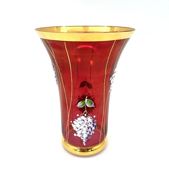 Famosa LPW Vienna Austria Other - Famosa LPW Vienna Austria Ruby Red Glass Vase Hand Painted Grapes Gold Trim